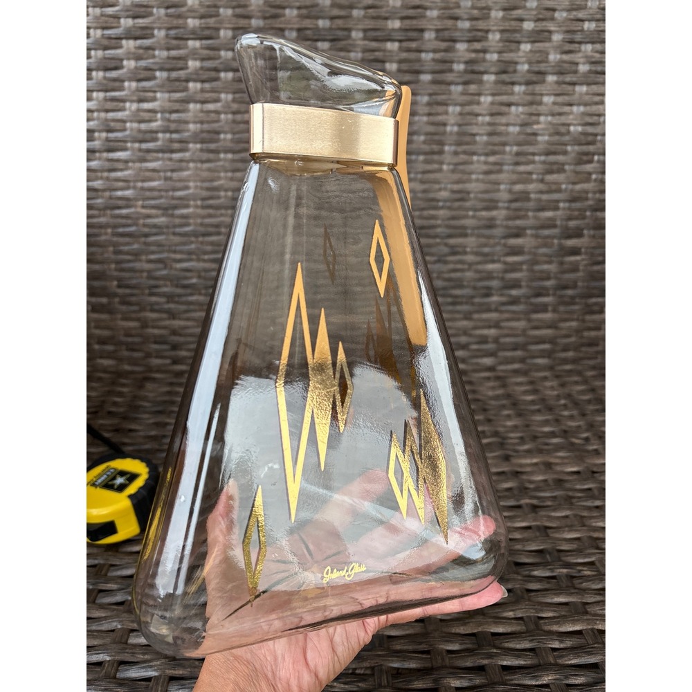 Vintage Inland Glass Triangle Carafe Pitcher Gold Atomic Diamond MCM 9.5in Retro - Picture 5 of 10